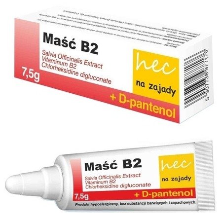 Maść B2 hec na zajady - Redukuje zajady i podrażnienia jamy ustnej, zawiera D-pantenol, 7,5 g.